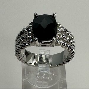 Black Onyx Rhodium Plated Wheat Design Ring Size 8